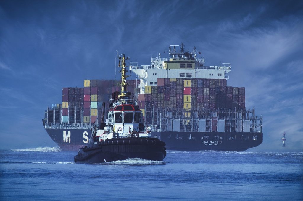 Een blauwe zeecontainer geplaatst in een achtertuin naast een woning